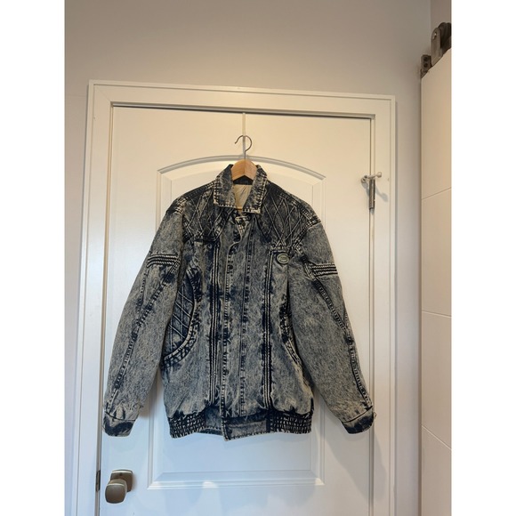 Acid‎ Wash Denim Jacket Vintage Style 80s Bomber Padded Shoulder - Picture 1 of 4